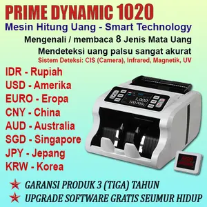 Mesin Penghitung Uang, PRIME DYNAMIC 1020, Smart Technology, Mengenali Dan Mendeteksi 8 Macam Mata Uang, Deteksi Sangat Akurat Cepat, Garansi 3 Tahun, Original - Baru.