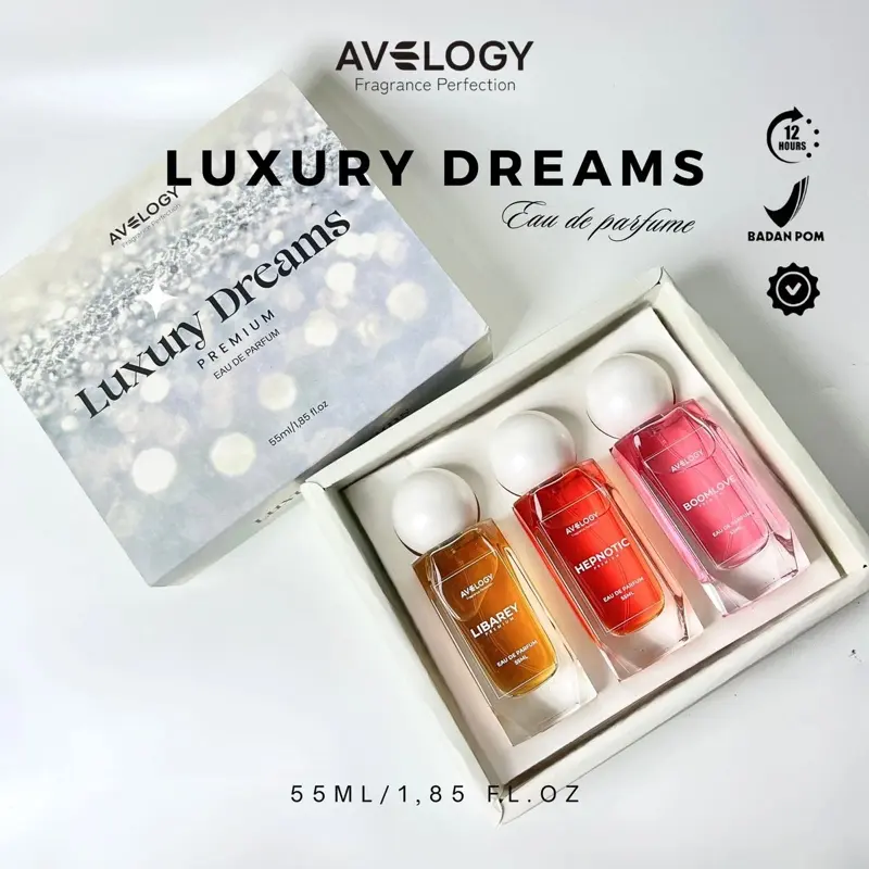 AVELOGY 55ML 3 PCS 70% OIL Luxury Dreams Eau De Perfume Tahan Lama SPL Tinggi Aroma Elegan Mewah Mahal