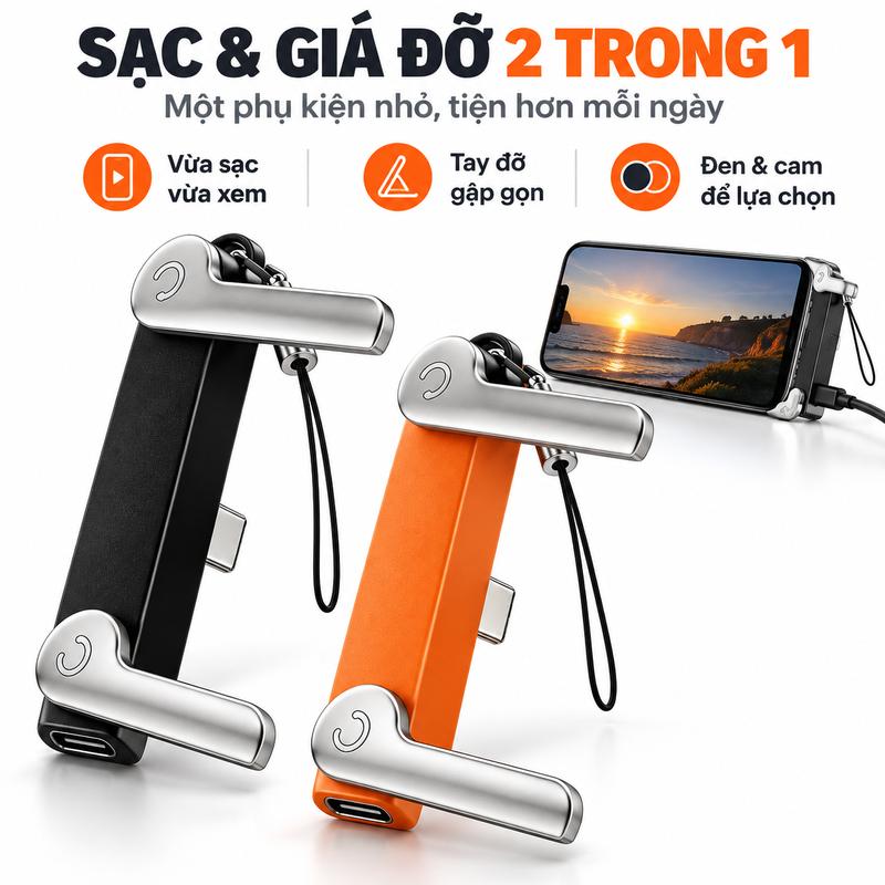 Đầu Chuyển Đổi Sạc Nhanh 2 Trong 1 Kiêm Giá Đỡ Điện Thoại, Đầu Nối Cáp Sạc Hợp Kim Nhôm, Thiết Kế Gấp Gọn Đa Năng, Tương Thích iPhone, Tiện Vừa Sạc Vừa Xem Video, Chơi Game, Nhỏ Gọn Dễ Mang Theo giá đỡ điện thoại sticky phone giadoxoay 360 do