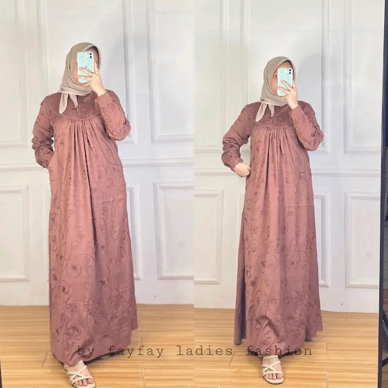 Fay Fay Amanda Baju Gamis Kain Polo Linen Full Bordir Size M LD 94cm Free Hijab Muslim Dress Dewasa lebaran 0
