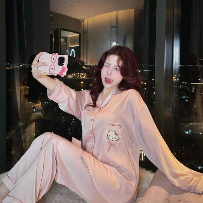 Women Voi Sét đồ ngủ pijama kitty nơ túi siêu xinh cho nữ chất lụa latin mềm mịn mát quần có túi Freesize Áo Hồng kem-đen-hồng