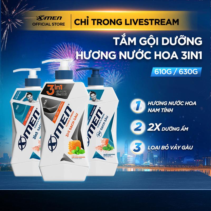  Sữa Tắm gội dưỡng Xmen Clean & Fresh 3in1 610g Sạch Gàu  2in1 610g Sạch Sâu  Dầu gội Sạch Gàu 630g 