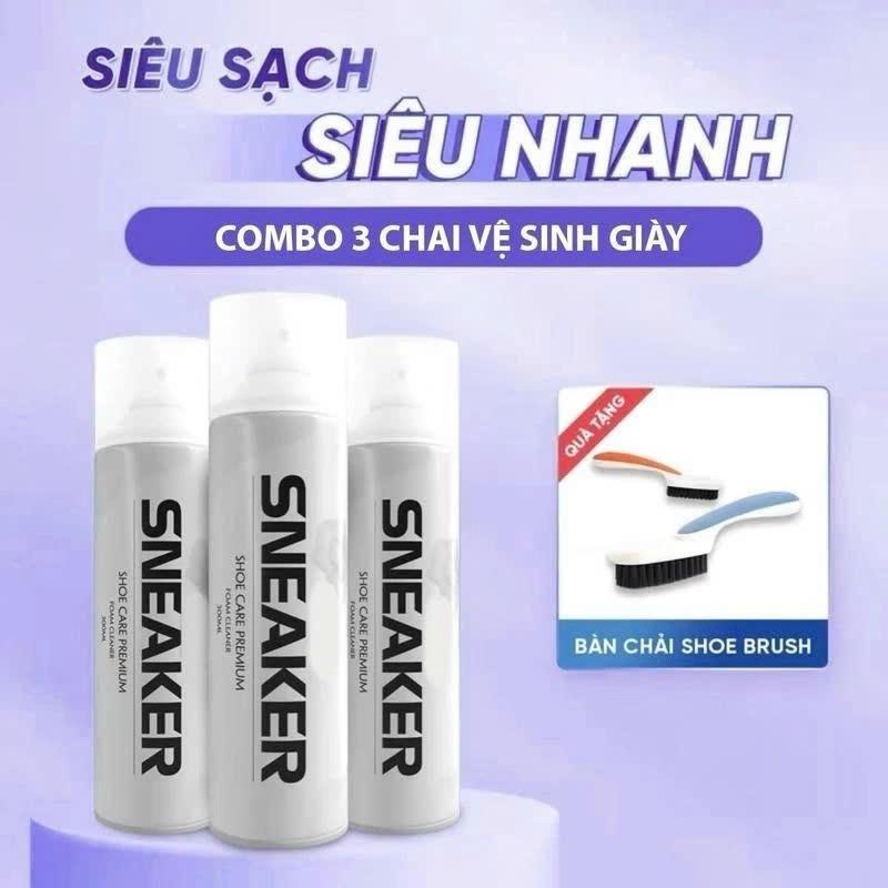 Combo 3 Chai Vệ Sinh Giày Bình Xịt Tạo Bọt Khô Sneaker 300ml Tặng Kèm Bàn Chải