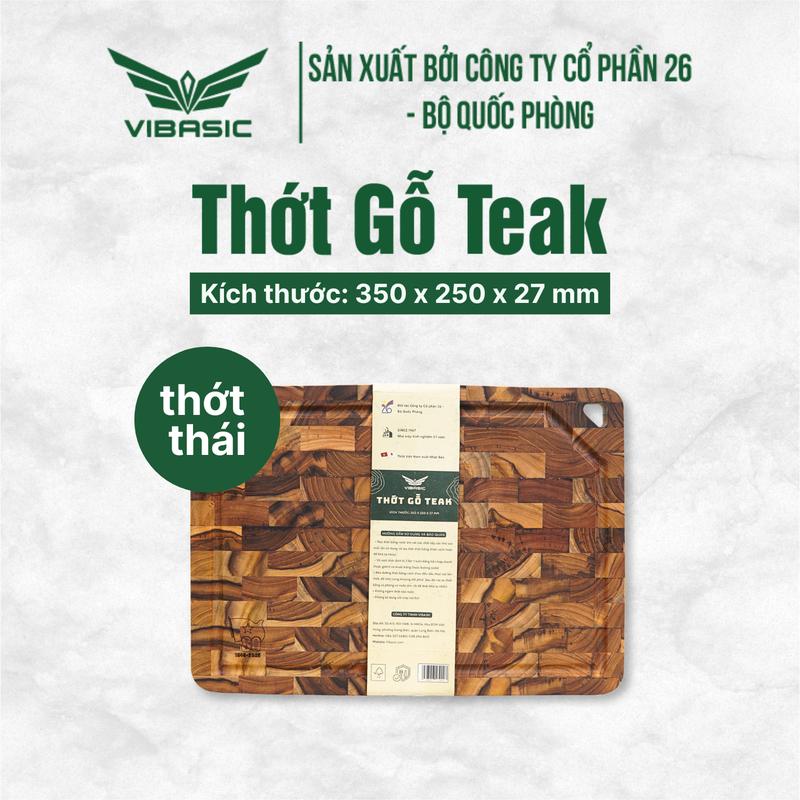 Thớt gỗ Teak Vibasic ghép dựng block kích thước 350x250x27mm có lỗ treo dùng để cắt thái thực phẩm