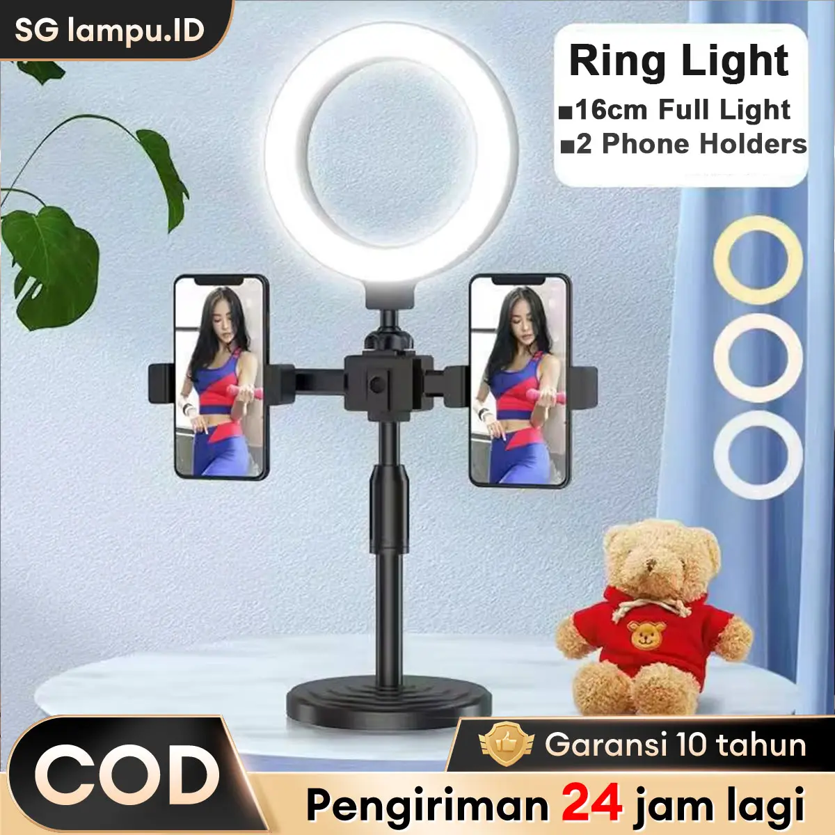 【COD】Ring Light 16cm HP Tripod & 2 Holder Ponsel 360° Adjustable 3 Warna 10 Level Brightness untuk Live Streaming Makeup Vlog  Dilengkapi kabel data USB Handphone LED Lampu