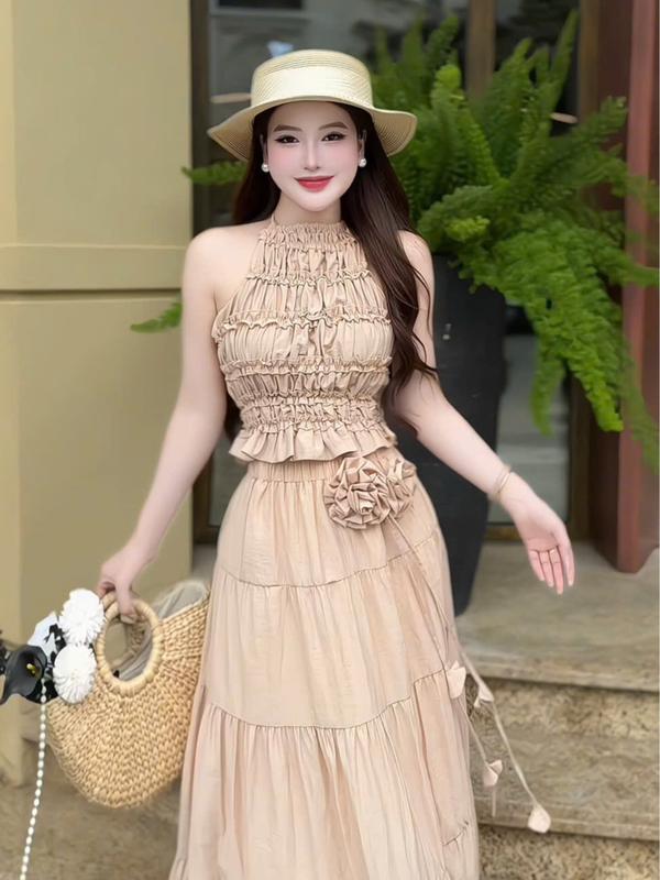  A83 - Set Váy Dáng Dài Mix Áo Yếm Chun Kèm Tag Hoa - LYNA 