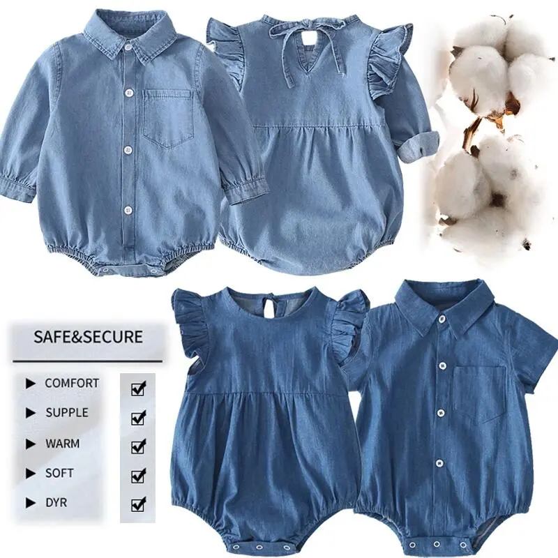 Fashion Baby Girl Boy Denim Short sleeve Long Sleeve Bodysuit Jumpsuit Dress Sister and brother costume Romper Outwear 3 24months