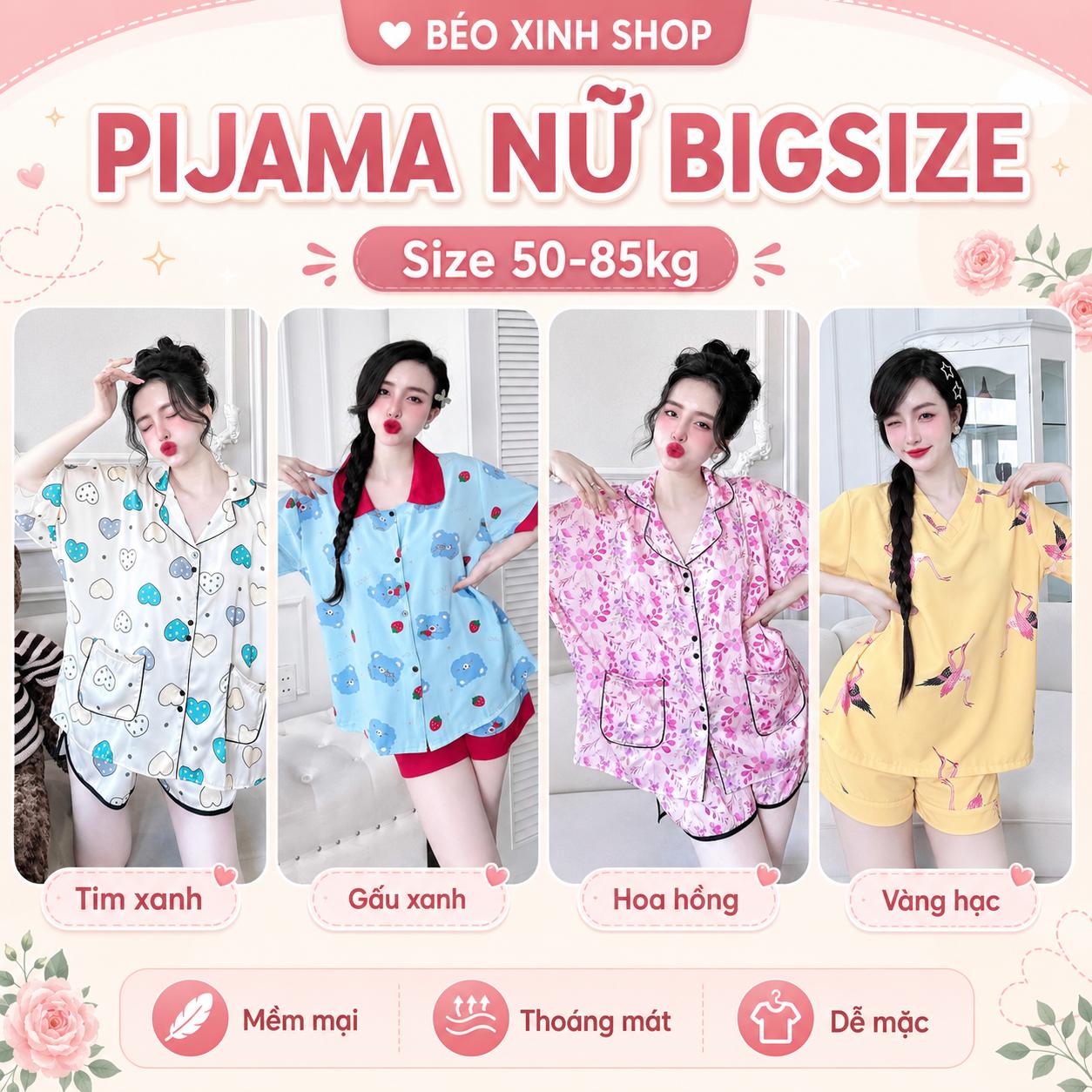 Set Pijama Nữ Bigsize 50-85kg Vải Lụa Nhật Lạnh Có Cánh Dơi, Đồ Bộ Mặc Nhà Quần Đùi Mềm Mát Dễ Thương – A.TH2S