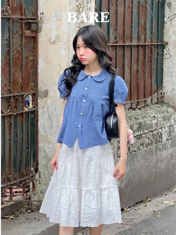 BARE_ Áo Sơ Mi Cổ Sen Kẻ Tay Bồng, Áo Babydoll Kẻ Caro Chất Thô Cotton Kiểu Dễ Thương_A558