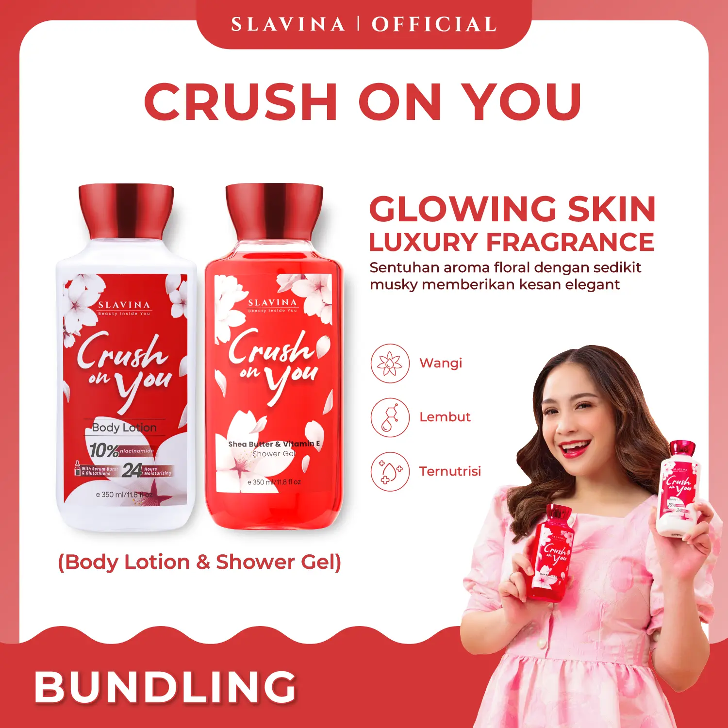 SLAVINA Crush On You Body Care Body Lotion dan Shower Gel by Nagita Slavina Moisturizer dan Sabun Mandi Cair 350ml Perawatan Tubuh dan Tangan Memutihkan Kulit Kering Dengan Glutathione + Vitamin