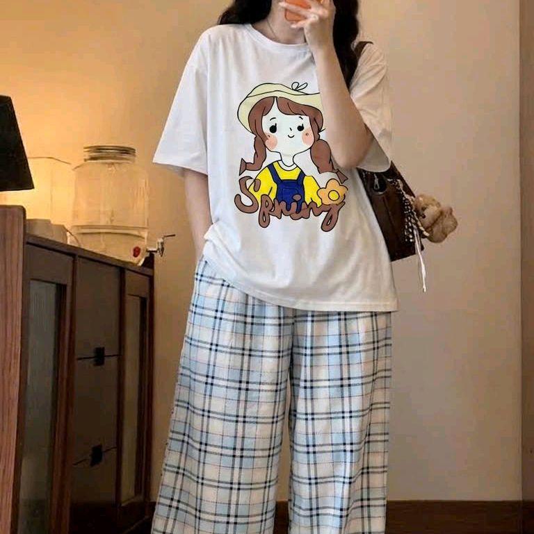 (giao ngẫu nhiên) bộ dài quần karo + áo phông rộng chất thun thái siêu xinh phù hợp nhiều hoạt động hằng ngày đồ