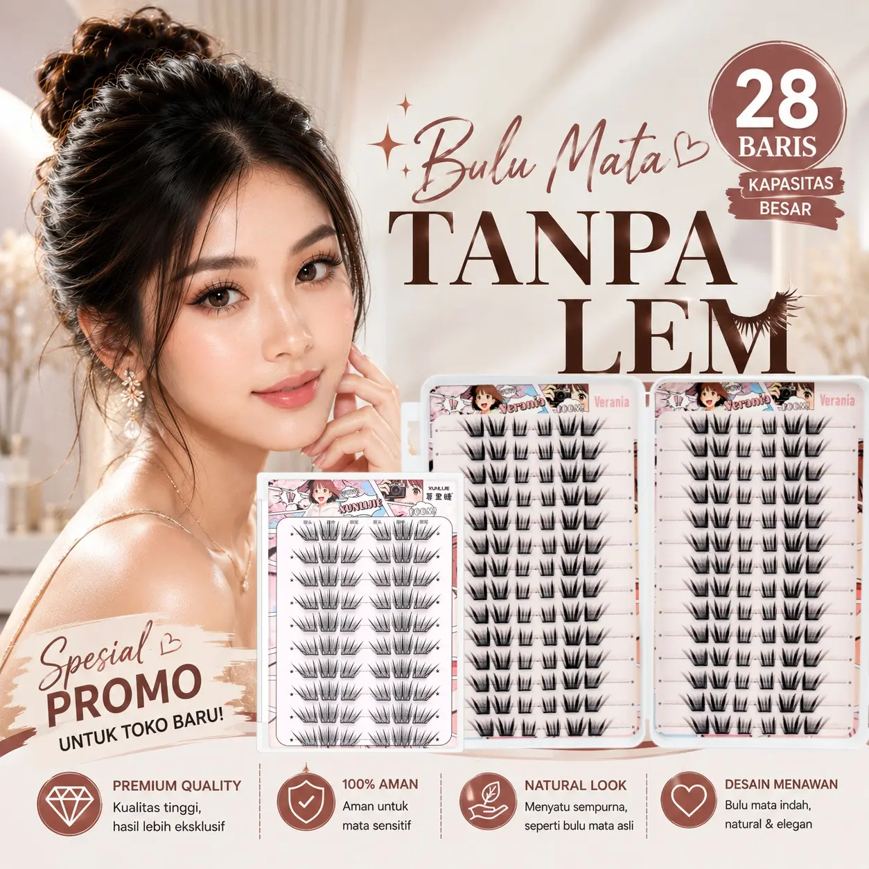(COD) VERANIA 28 Baris Self Adhesive False Eyelashes Lembut Ringan Cocok Pengguna Kelopak Mata Sensitif Gaya Makeup Santai Sehari-hari