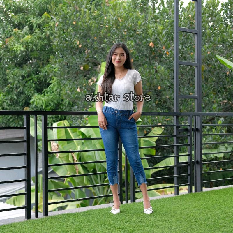 (AKHTAR-STORE) OLIVE JEANS 7/9 PINGGANG FULL KARET VARIASI KANCING AKTIF BAWAH RAWIS BAHAN TEBA HALUS LEMBUT MELAR Wanita Celana Tebal Hitam Dewasa Panjang Samping Kaki 4