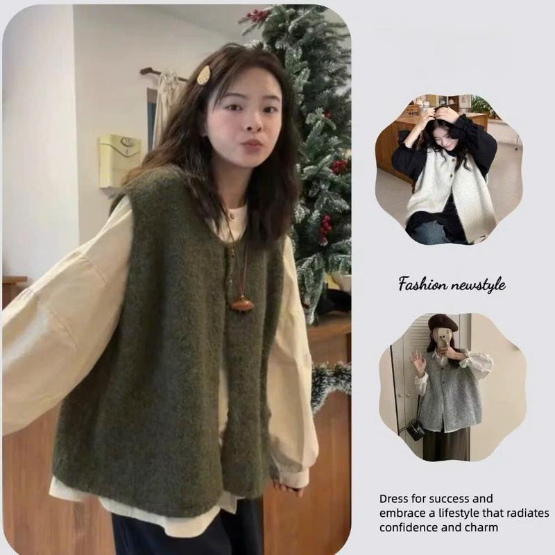 (KHÔNG KÈM ÁO TRONG) Áo Khoác Len Gile From Rộng Cổ Tròn, Áo Cadigan Form Chữ A Cài 2 Khuy Len Xù Qccc Cài Khuy Qccc Orangecloset