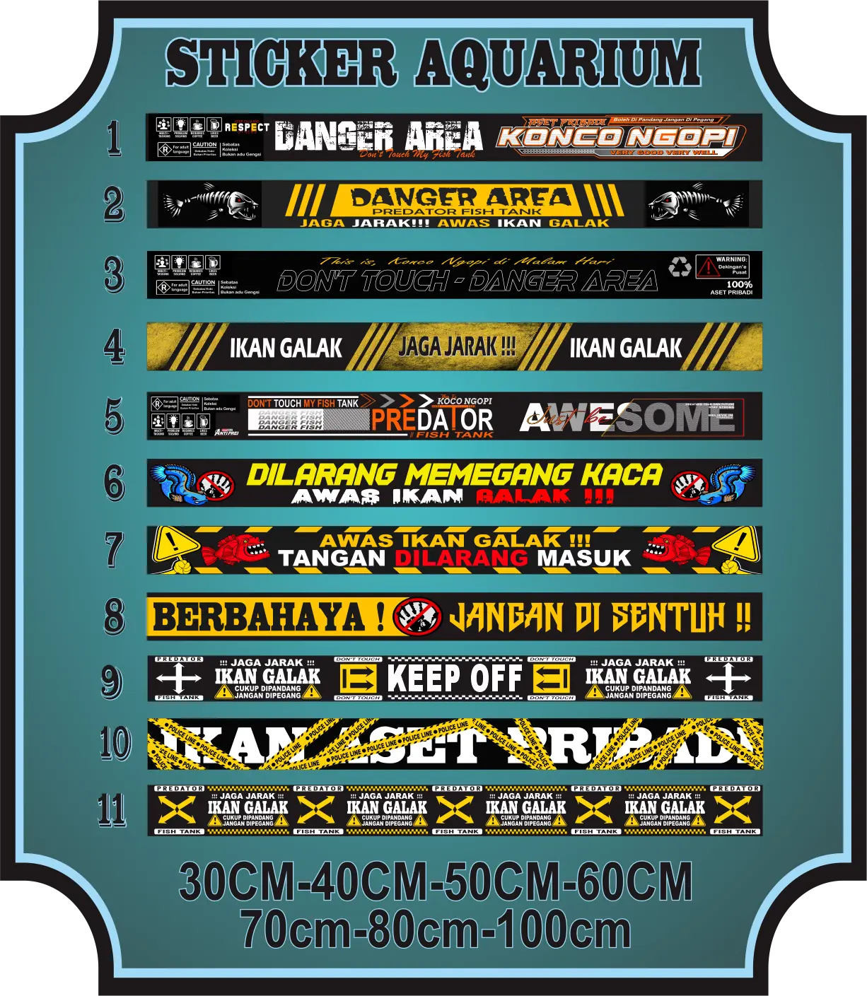 STIKER LIST AKUARIUM IKAN PREDATOR Desain Unik 30X5CM-100X7CM Aksesori Sempurna untuk Akuarium Ikan Predator Bahan Aman