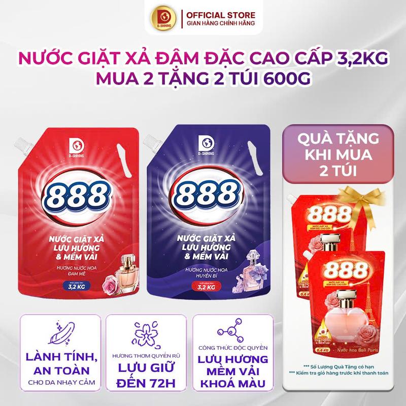 [MUA 2 TẶNG 2 TÚI 600Gram] Nước Giặt Xả 888 Cao Cấp Combo 2 Túi 3.2kg Lưu Hương 72h Giặt Sạch Siêu Nhanh An Toàn Cho Da Nhạy Cảm – Giao Nhanh Toàn Quốc DLD-0910