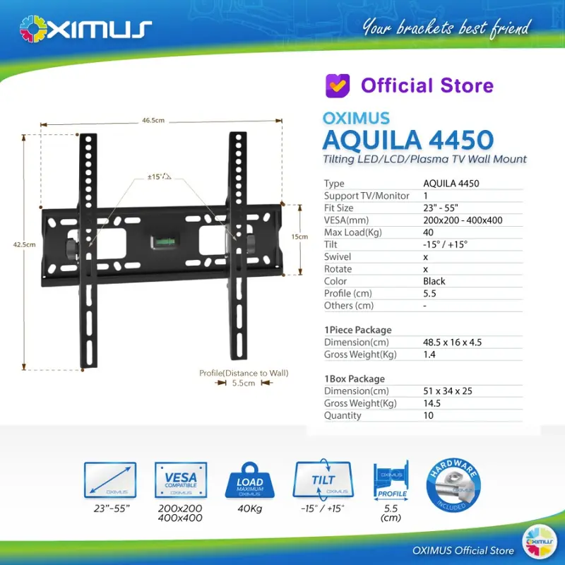 BRACKET TV LED LCD MONITOR 23"-55" OXIMUS AQUILA 4450 WALL MOUNT TILT 1