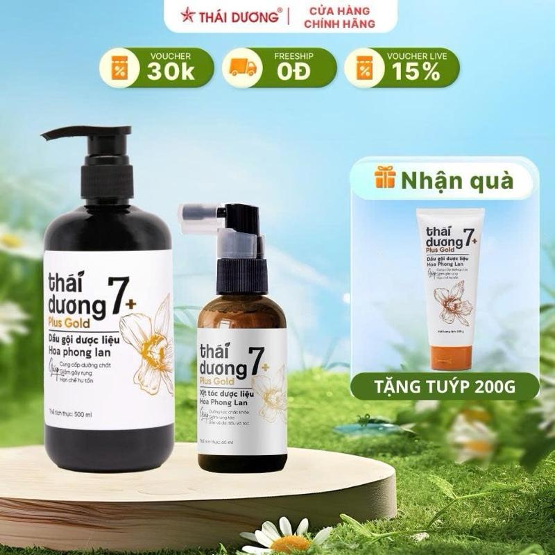 [Live - COMBO] 01 Dầu gội Dược liệu Thái Dương 7 Plus Gold (Chai 500ml, Hoa phong lan) + 01 Xịt tóc dược liệu Thái Dương 7plus gold (chai 60ml) TẶNG sữa tắm/dầu gội/Dầu xả 7 plus GOLD (Hộp 01 chai x 250ml HOẶC 200ML Hoa Phong Lan) - Sao Thái Dương