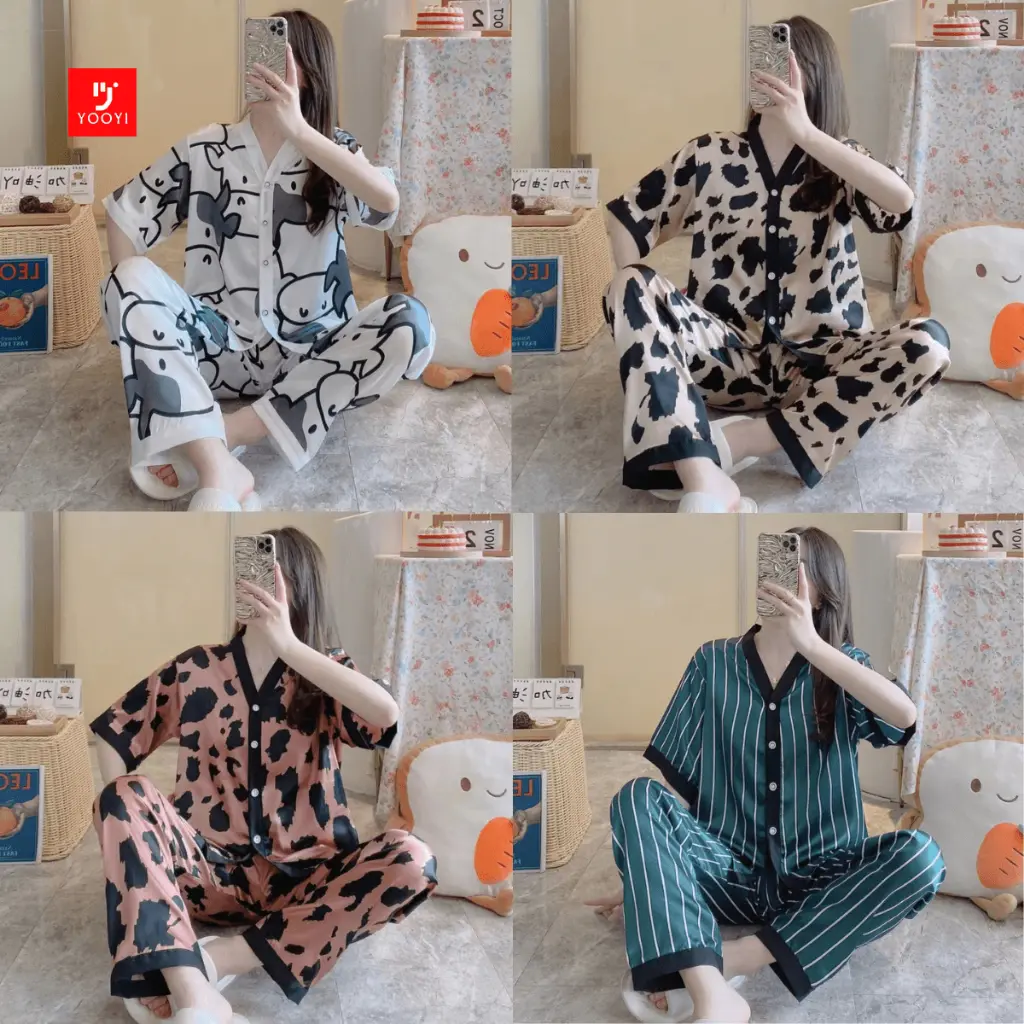 Yooyi Baju Tidur Wanita Piyama Cewek Satin CP Setelan Kemeja Lengan Pendek Celana Panjang Style Korea Jumbo Dewasa Remaja Premium Banyak Motif Kekinian 012