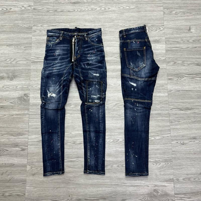 QUẦN JEAN NAM MÃ D2-51 XANH RÁCH KHOÁ LỆCH DÁNG BIKER VẨY SƠN 4 CÚC BÒ DÀI CAO CẤP CO DÃN PHOM ÔM CHÂN DS-Q Có Túi