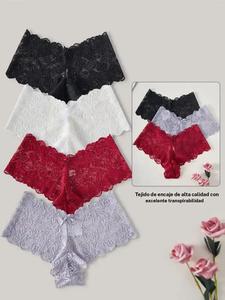 Bragas de mujer de 4 piezas en color sólido con decoración de lazo de encaje floral y ribete festoneado, cómodas y transpirables con cintura baja para uso diario, ropa interior femenina para todas las estaciones