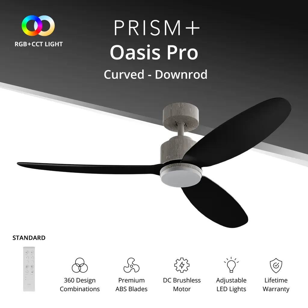 PRISM+ Oasis Pro Ceiling Fan Curve - 3 Blades - Downrod Standard NRGB [Downrod - Matte White > Arrives in Mid to Late September]