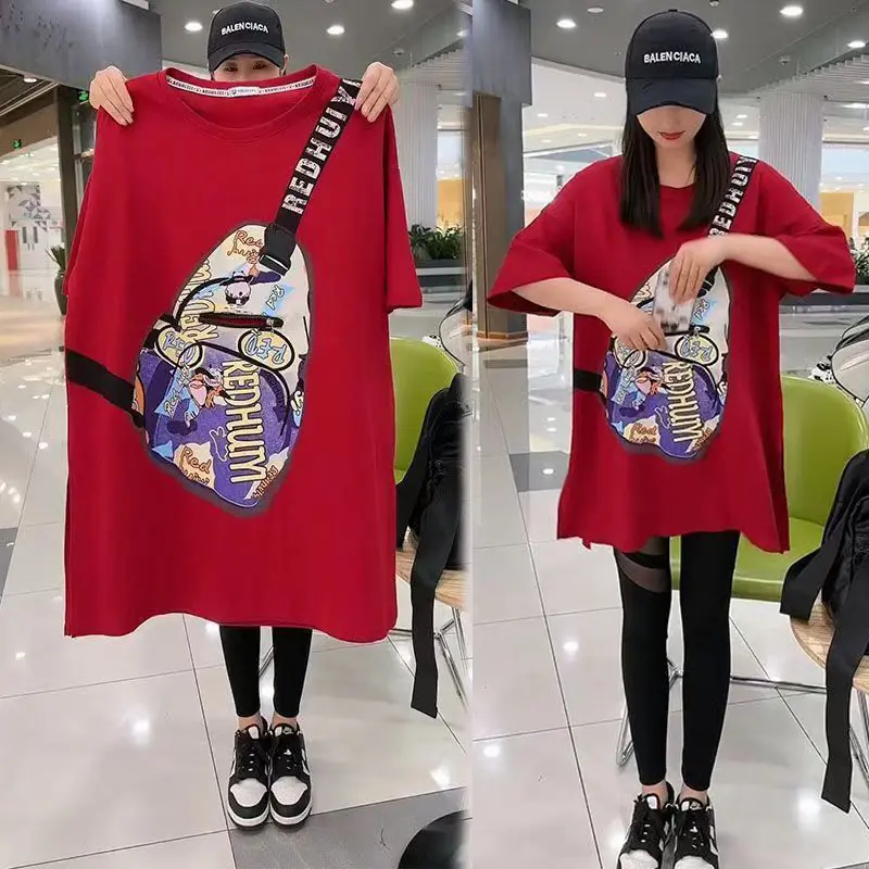 New printed shoulder bag pattern zipper pocket, loose oversized slit, shaping short sleeved fashionable T-shirt Top Womenswear
