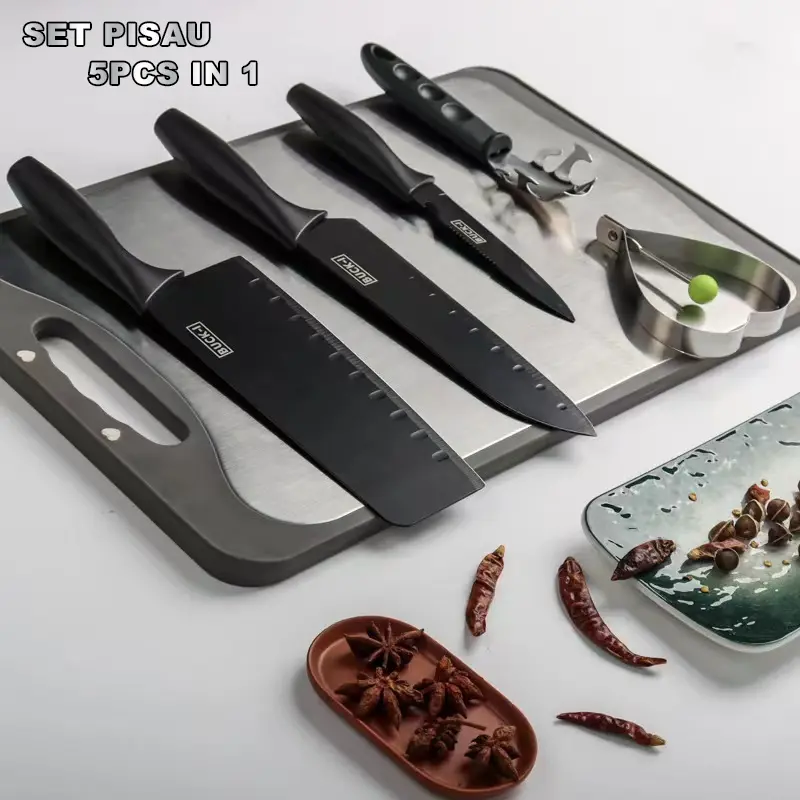 COD - J12 - Set Pisau Dapur Hitam 5 Pcs in 1 Cetakan Telur Chef Knife Cleaver Termurah Pisau LB 0