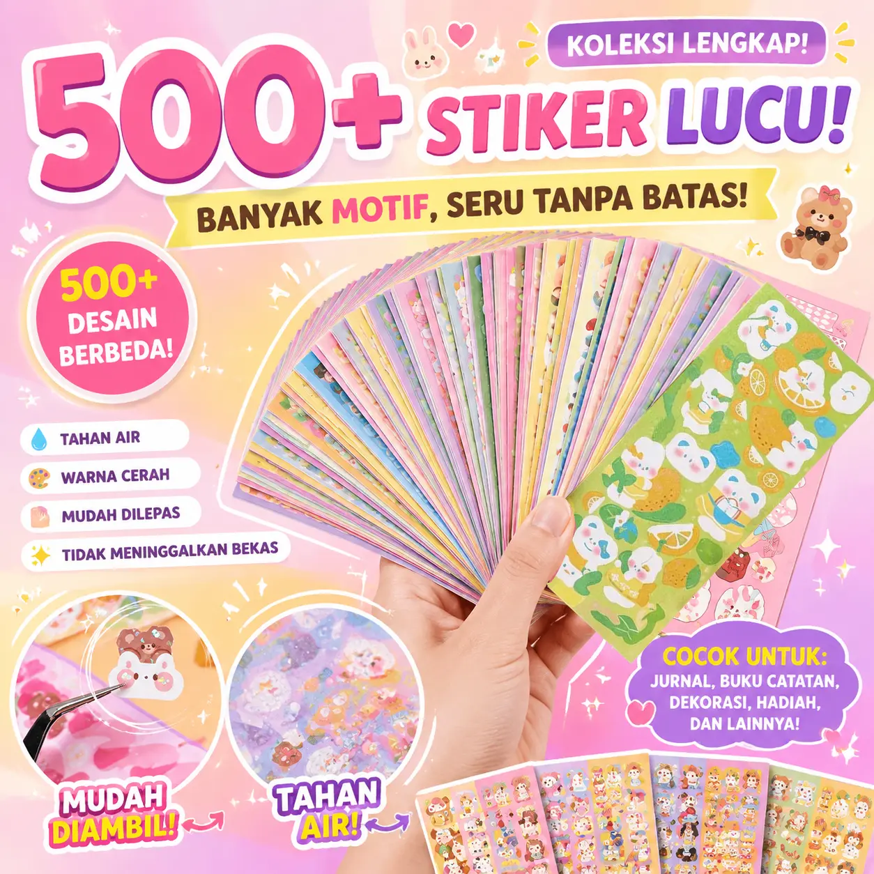 200PCS Stiker laser cantik set kartu hias diary anak bahan scrapbook dekorasi case hp gambar kartun stiker tempel alat tulis sekolah