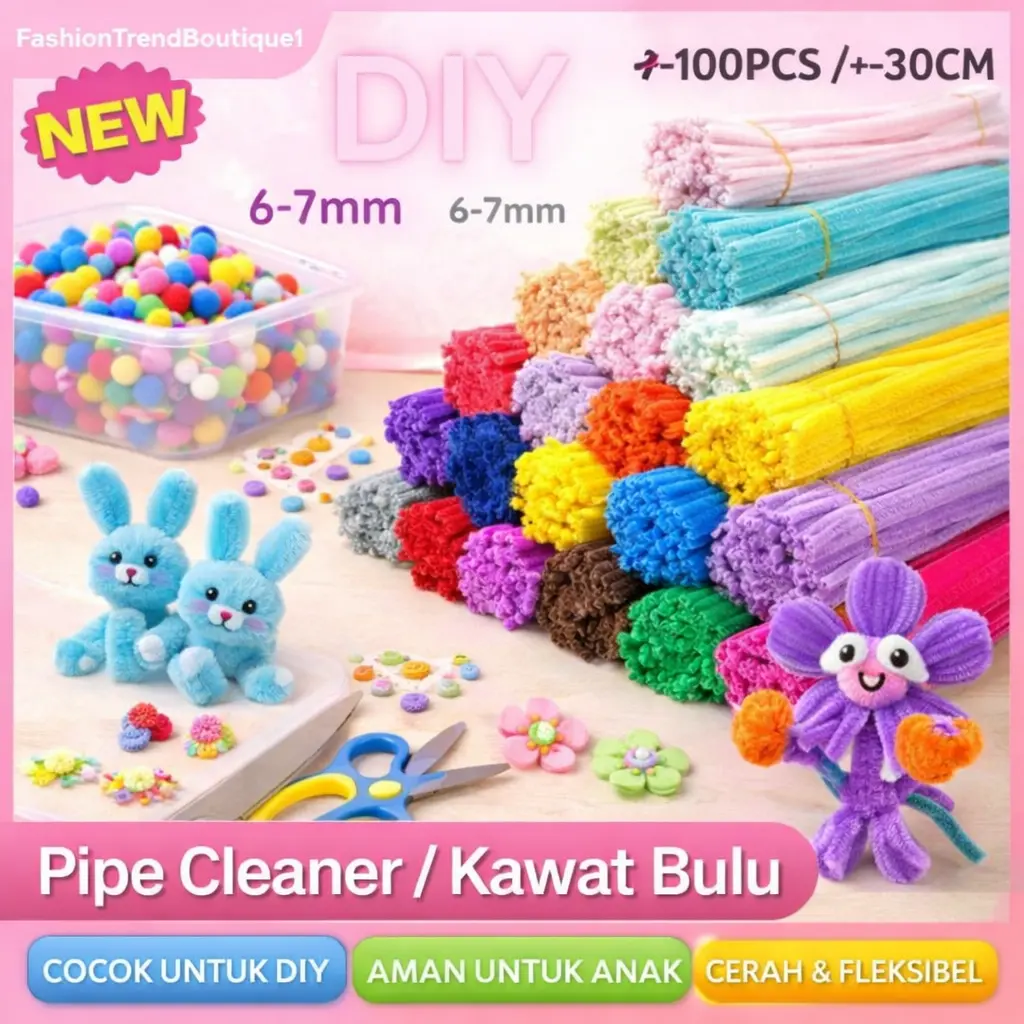 Pipe Cleaner Kawat Bulu 30cm 100pcs Warna Cerah Fleksibel untuk DIY Kerajinan Handmade Anak & Dewasa Craft Bunga Boneka Dekorasi Sekolah Kreatif Mudah Dibentuk Tidak Mudah Patah Cocok untuk DIY Art & Craft Aksesoris Gift Mainan Edukasi Murah Berkualitas