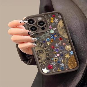 Funda para teléfono transparente de TPU antigolpes para la serie iPhone 15, diseño de luna estrella colorida, patrón plateado de alta gama, cubierta protectora