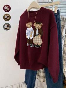 ユニセックス カップル用 クマ刺繍 ラウンドネック 長袖 カジュアル ニット プルオーバー セーター、ゆったりサイズ、秋冬ファッション