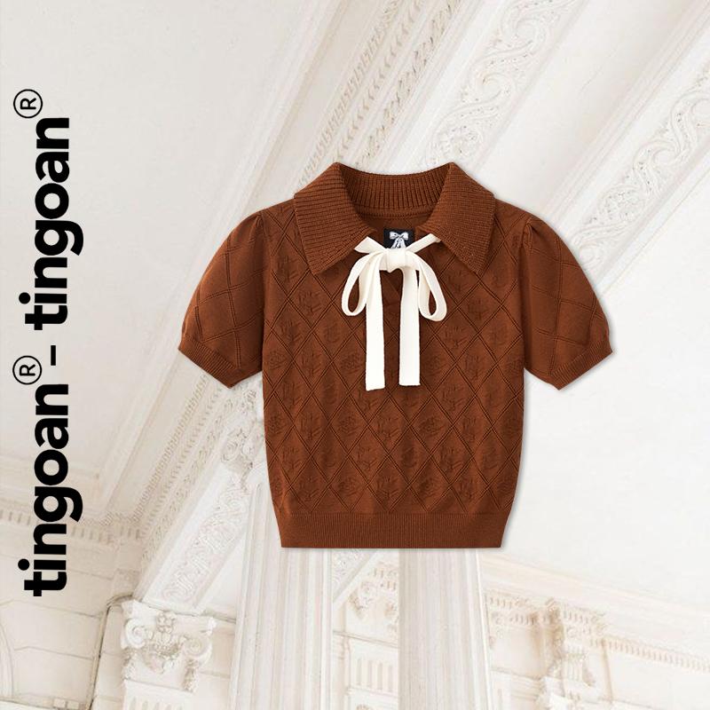 TINGOAN - Áo len nâu crop bề mặt len hoạ tiết quả trám buộc nơ YURI YURI TOP BR