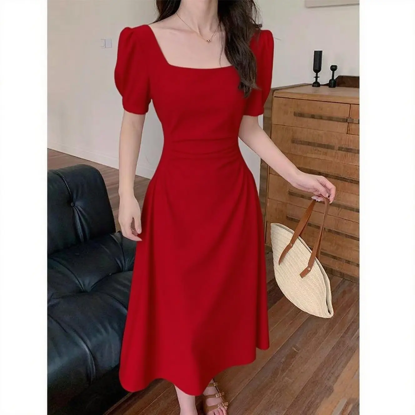 7995 red long dress korean style elegant white dinner dress women for party  plain black dress plus size puff sleeve wedding dress square neck casual  green cocktail dress formal