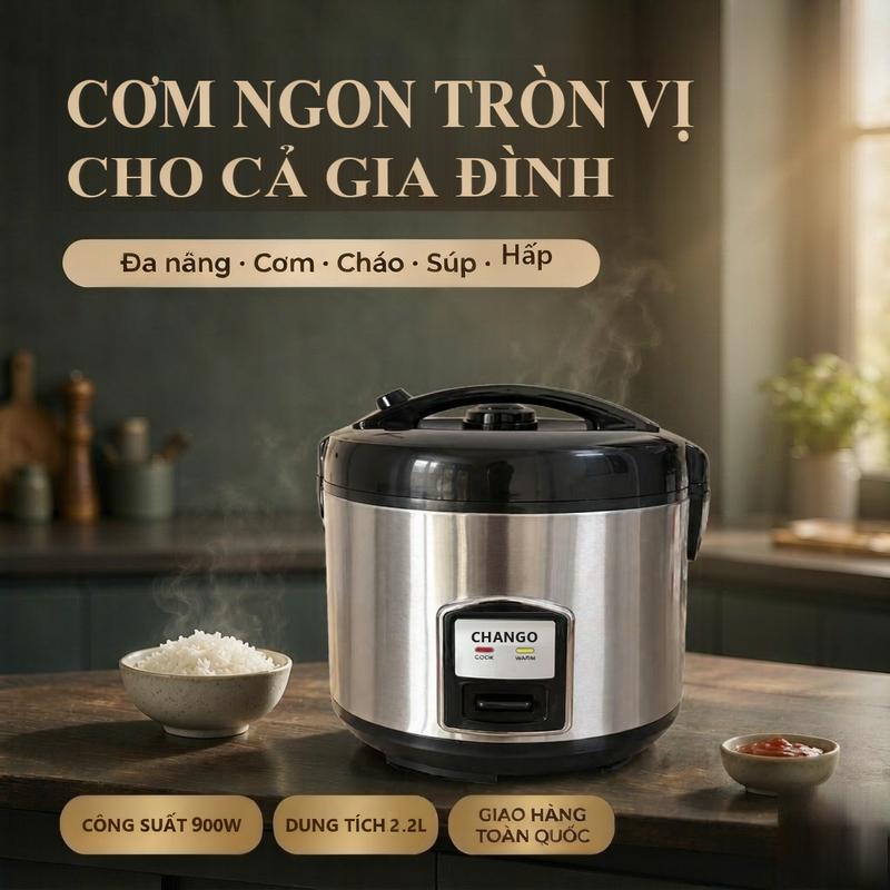 Nồi cơm điện CHANGO 2.2L 900W vỏ inox gia đình giữ ấm tự động