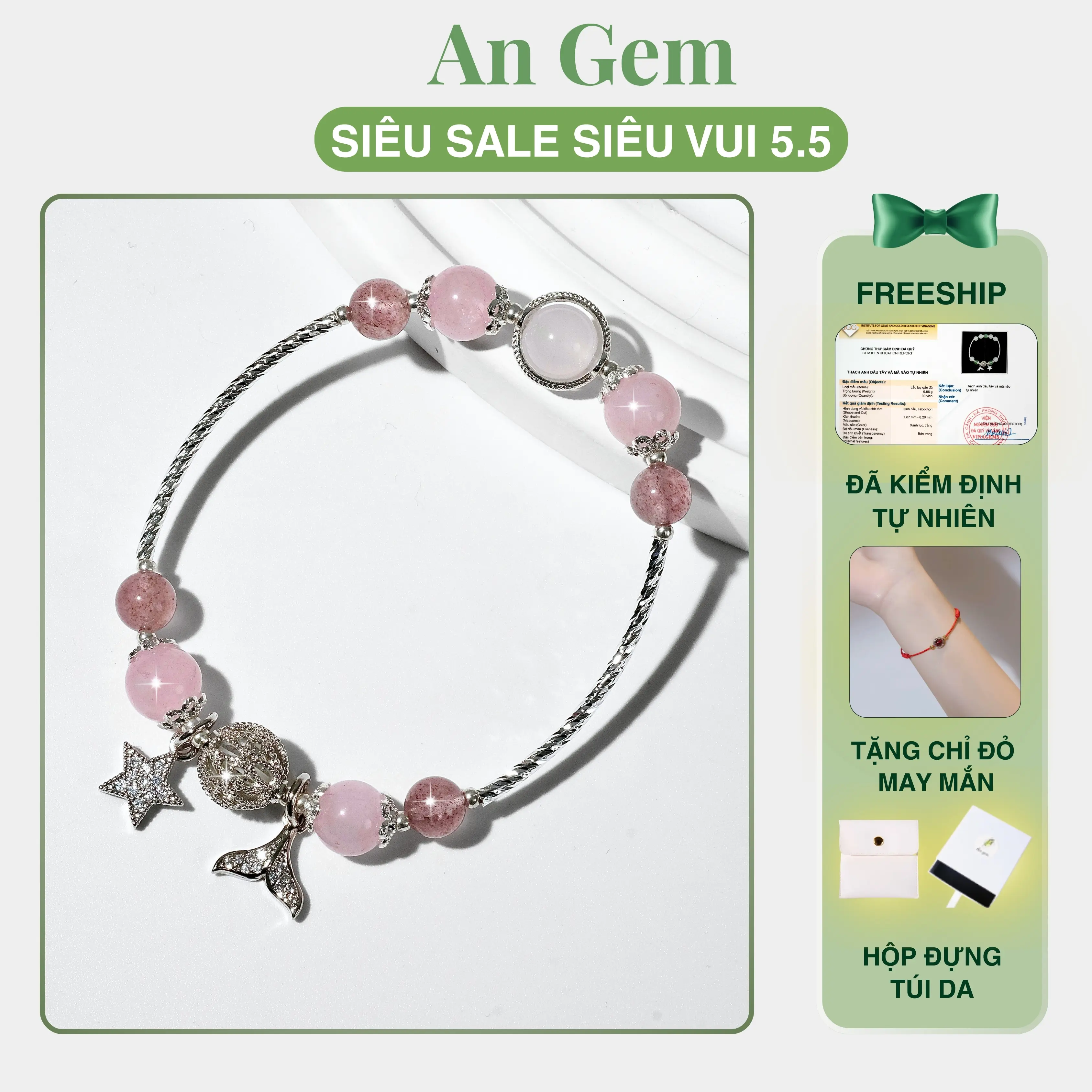 Vòng tay An gem đá dâu hồng mix full charm phụ kiện nữ, lắc tay nữ đá năng lượng tự nhiên phong thuỷ quà tặng sinh nhật giáng sinh Noel Tết Valentine  [TẶNG VÒNG CHỈ ĐỎ]