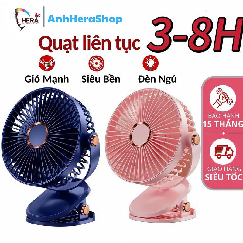 Quạt Kẹp Để Bàn Tích Điện Mini Đa Năng - 5 Tốc Độ Gió, Xoay 360 Có Kèm Dây Sạc