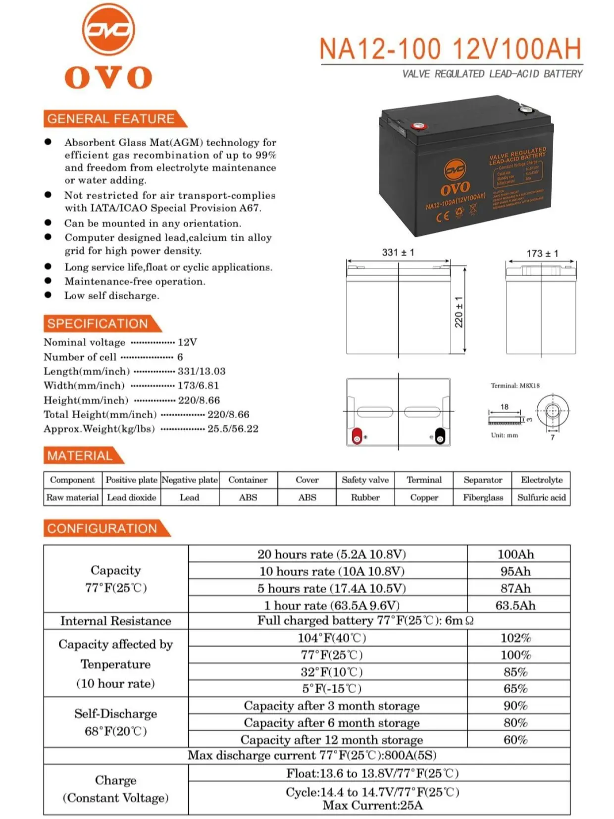 Baterai OVO 12V 100AH VRLA NA12-100A Terminal M8