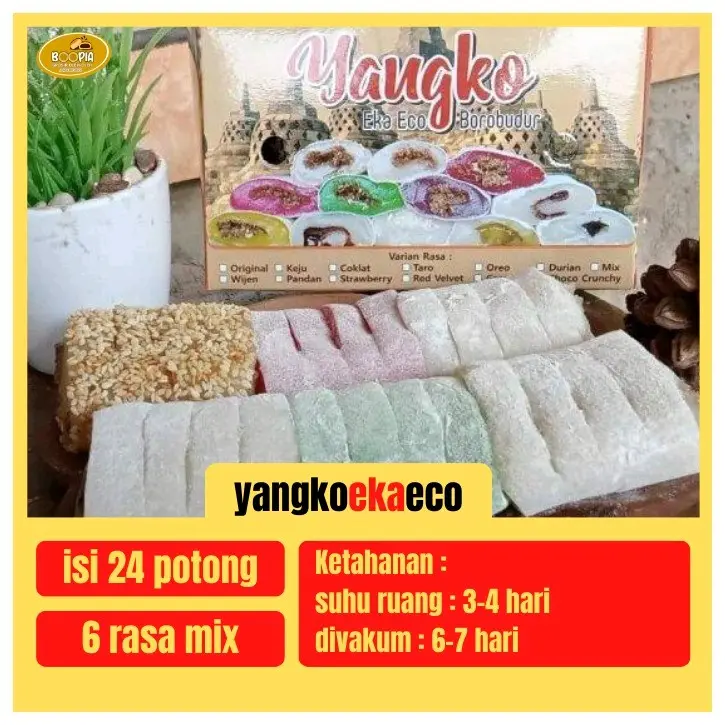 Yangko Eka Eco Borobudur - Oleh oleh khas Magelang Jogja - Mochi - Yangko Kacang Coklat Keju Stroberi Original Durian Makanan Manis Pandan