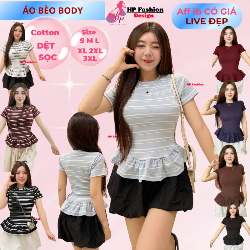 Áo thun tay ngắn sọc viền lai bèo nữ chiết eo basic cổ tròn áo phông nữ ôm body cộc ngắn tay vải cao cấp co giãn 2 chiều size S M L XL 2XL 3XL có bigsize HP67
