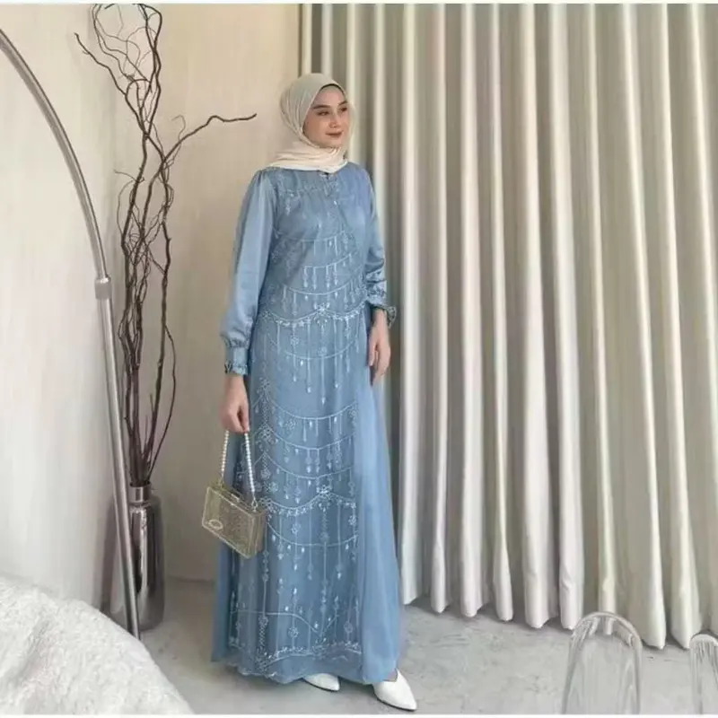 Gamis brokat 2025 model baru Kinar Dress Kondangan Terbaru Bahan Silk Kombinasi Tile Gamis Brukat Pesta Terbaru Warna Burgundy Ukuran S M L XL XXL XXXL Gaun Mewah Wanita Dewasa Lebaran Muslim 3