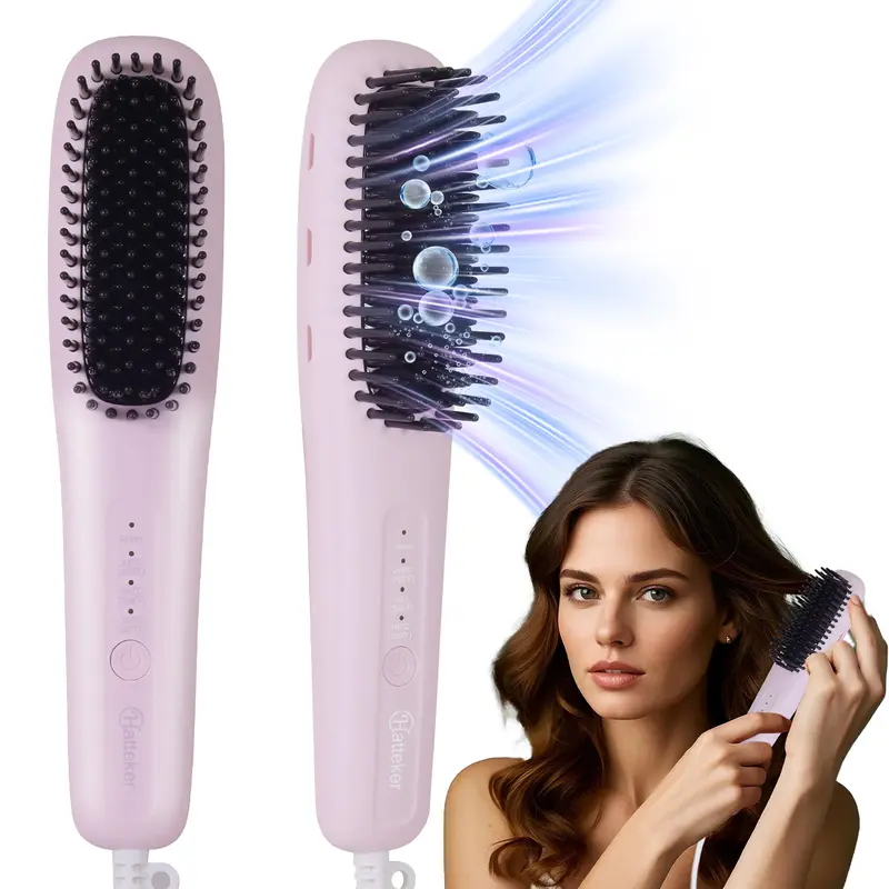 Hatteker Negative ion straightener, multiple temperature regulating straightening comb, straightening comb styling tool, dual-use for curling and straightening hair, suitable for frizzy hair texture, easy styling 0