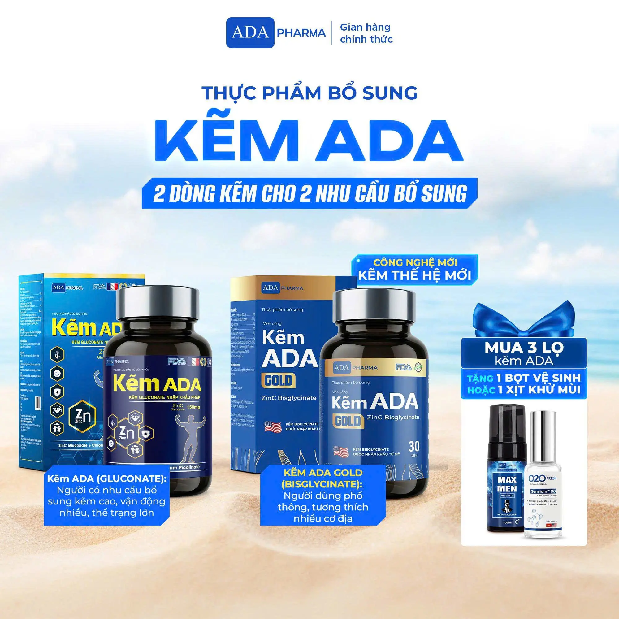 Kẽm ADA chính hãng - ADA Gluconate & ADA Bisglycinate - Hỗ trợ tăng cường sức khỏe.