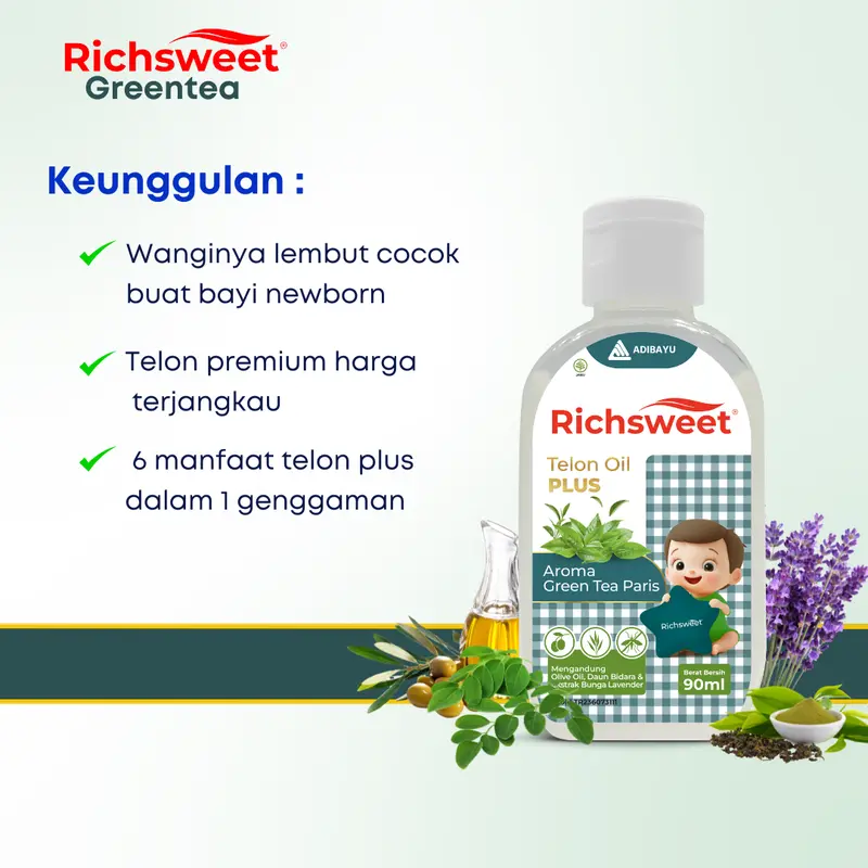 Richsweet Minyak Telon Plus Aroma Green Tea 90ml | Perlindungan sampai 12 Jam Anti Nyamuk + Ekstrak Daun Bidara 3
