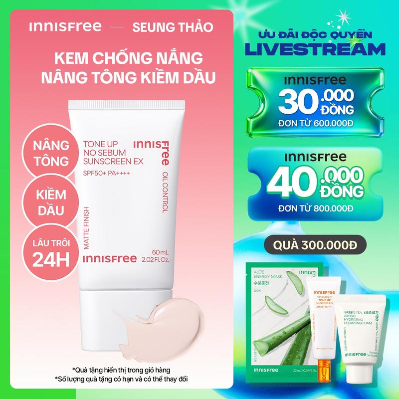 INNISFREE x SEUNG THẢO Kem chống nắng nâng tông kiềm dầu INNISFREE Tone Up No Sebum EX SPF50+ PA++++ 60mL