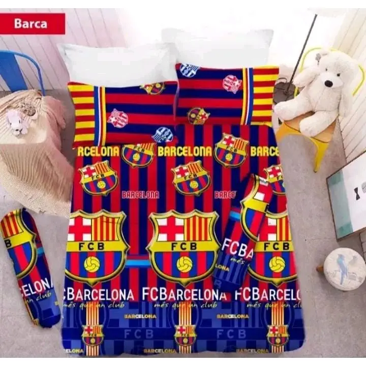 SPREI BOLA BARCELONA TERMURAH BERKUALITAS TIDAK LUNTUR UKURAN 160 DAN 180. Katun Sarung Bantal