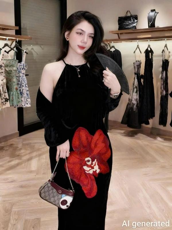  V60- Váy Nhung The Cổ Yếm Thêu Hoa Đỏ To 