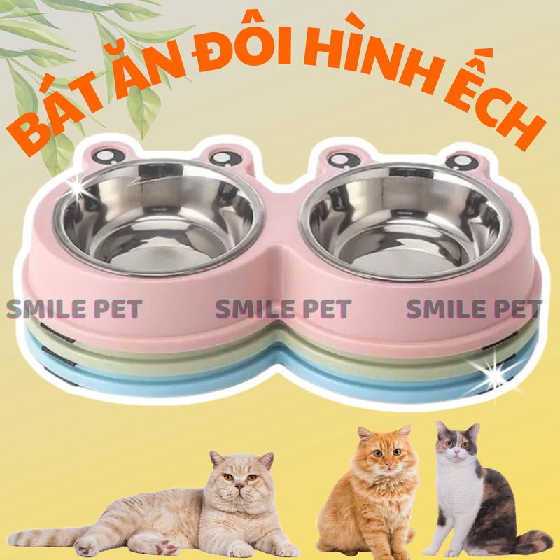 Bát ăn đôi inox cho chó mèo hình ếch, bát ăn 2 ngăn cho thú cưng lõi inox,dễ vệ…