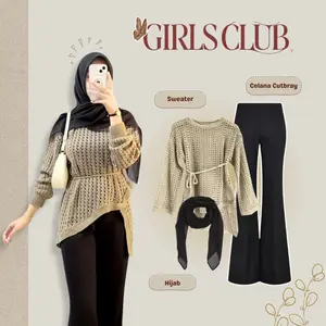 Outfit Wanita Korean Style (Celana Cutbray - Yuruma Sweater - Hijab Bella Square) OOTD Remaja Casual - SL005