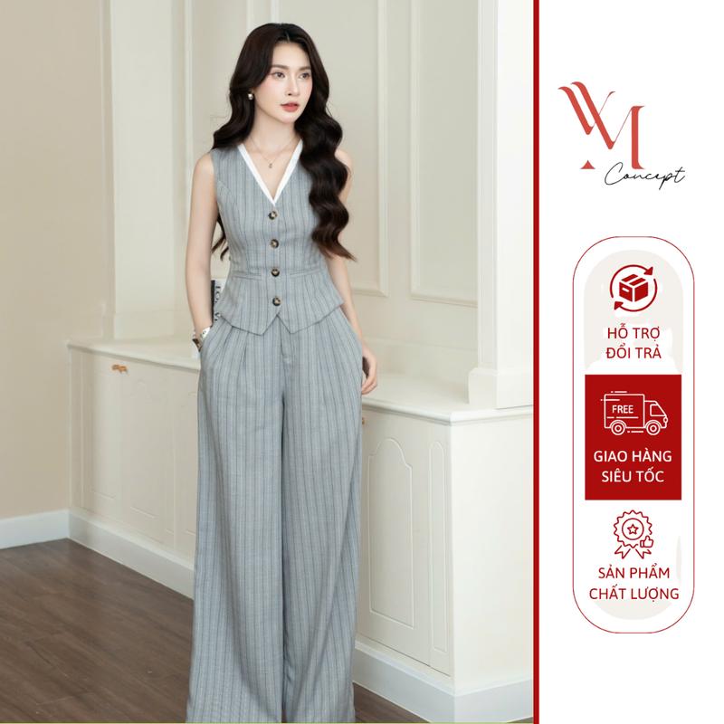 YM Concept Set Áo Gile Viền Cổ Trắng Vải Kẻ Sọc & Quần Suông Ống Rộng Thời Trang Nữ Đi Làm Đi Chơi D1053